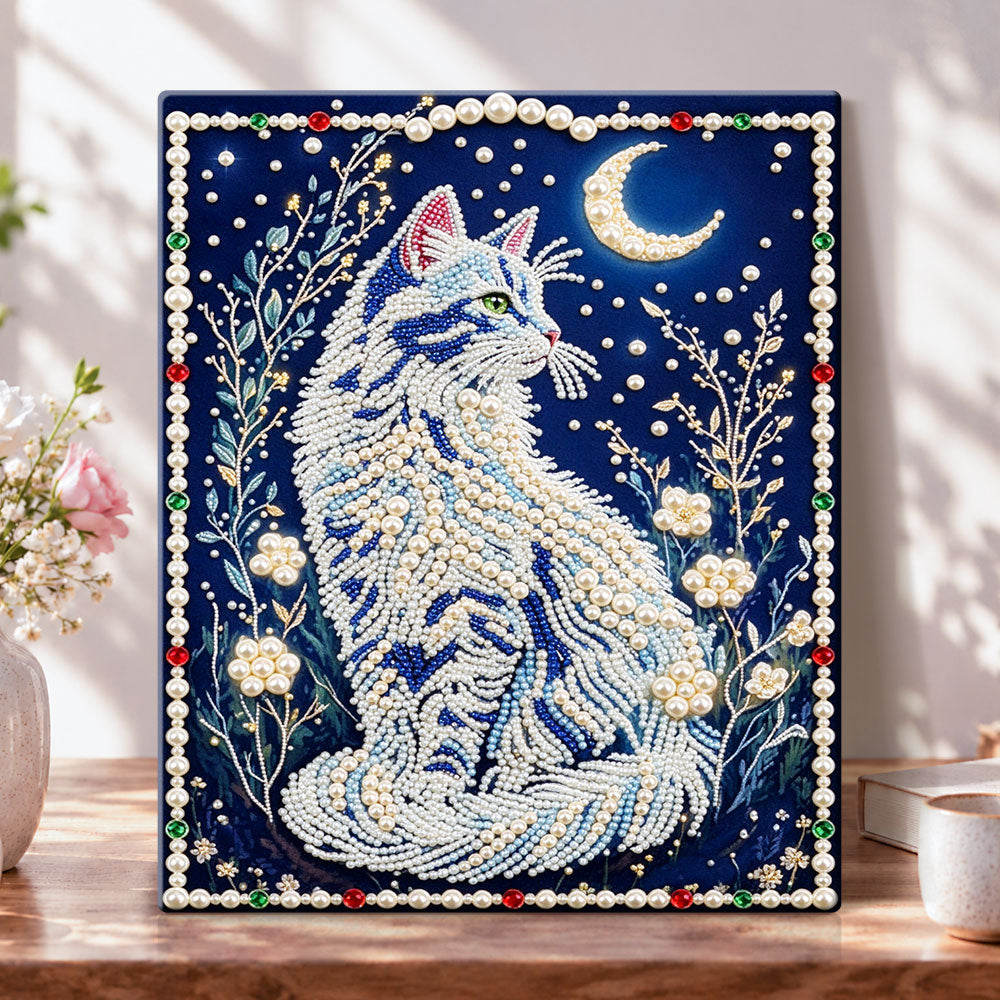 Moonlit pearl cat pearl diamond painting kit for beginners