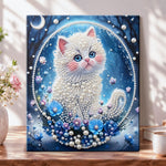 Finished moonlit pearl white kitten pearl diamond painting artwork displayed as home decor