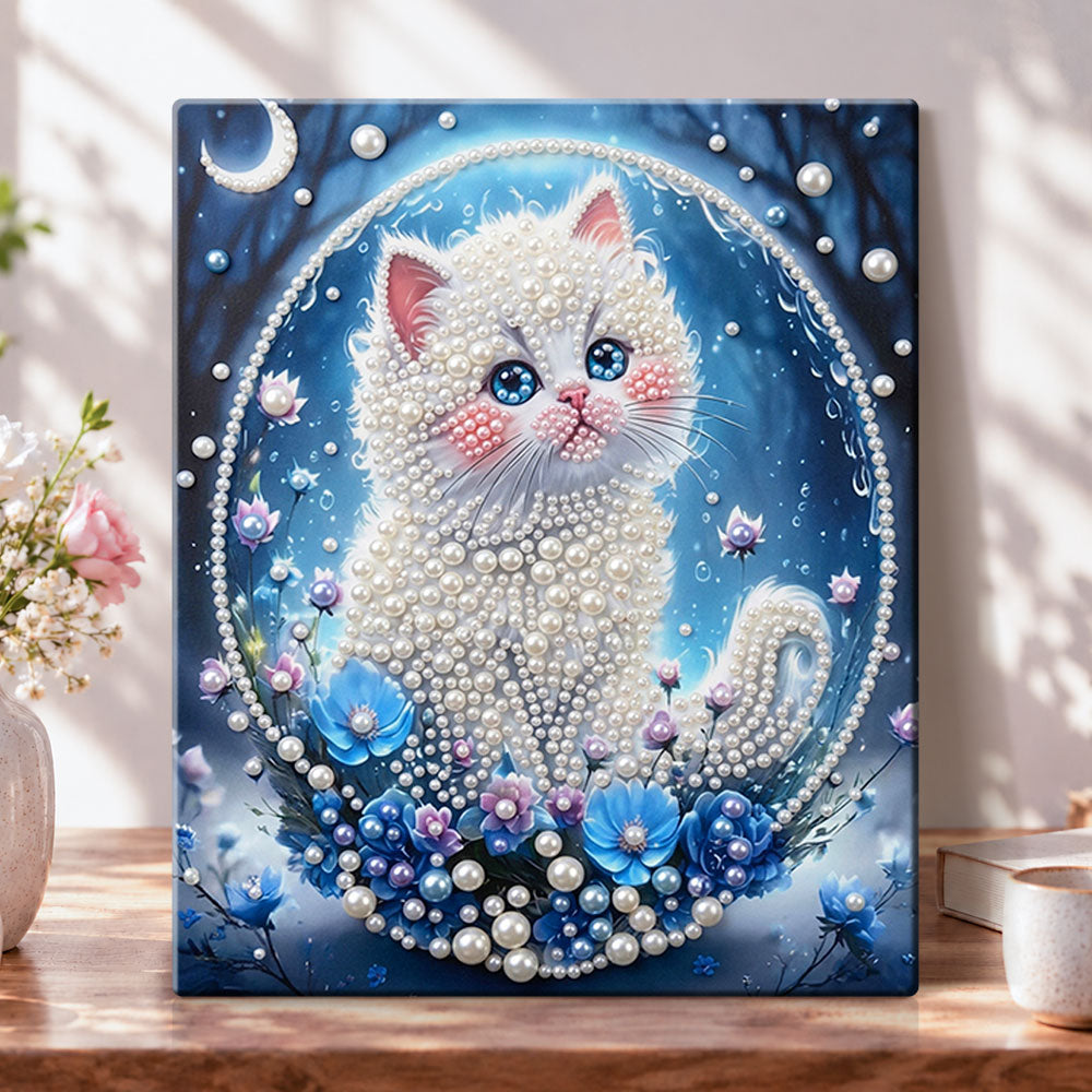 Finished moonlit pearl white kitten pearl diamond painting artwork displayed as home decor