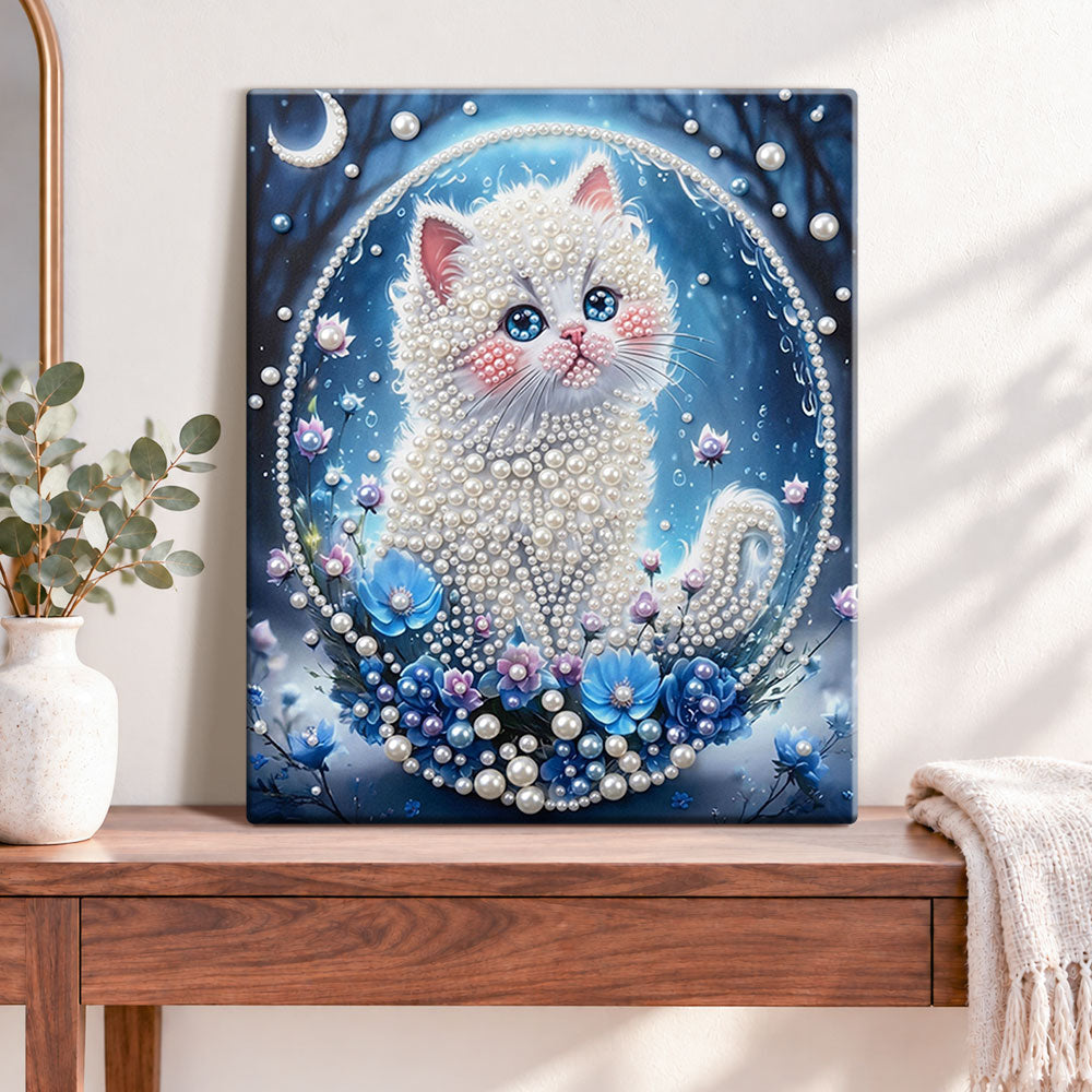 Moonlit pearl white kitten pearl diamond painting kit for beginners