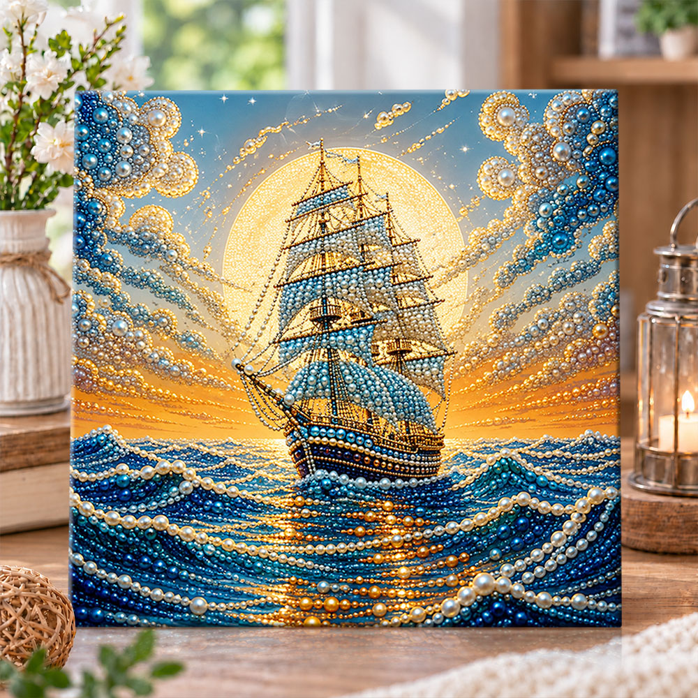 Moonlit sailing ship on ocean pearl diamond painting kit for beginners
