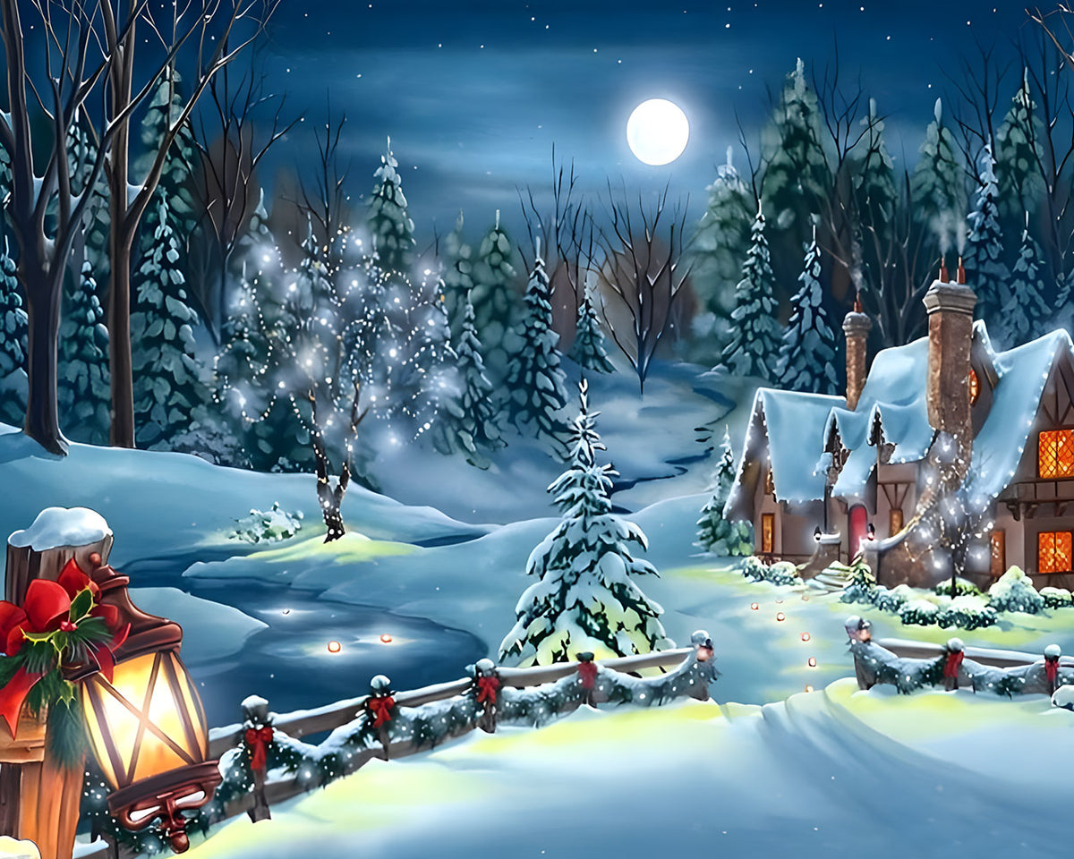 Moonlit snowy cottage with festive lanterns cross stitch kit for beginners
