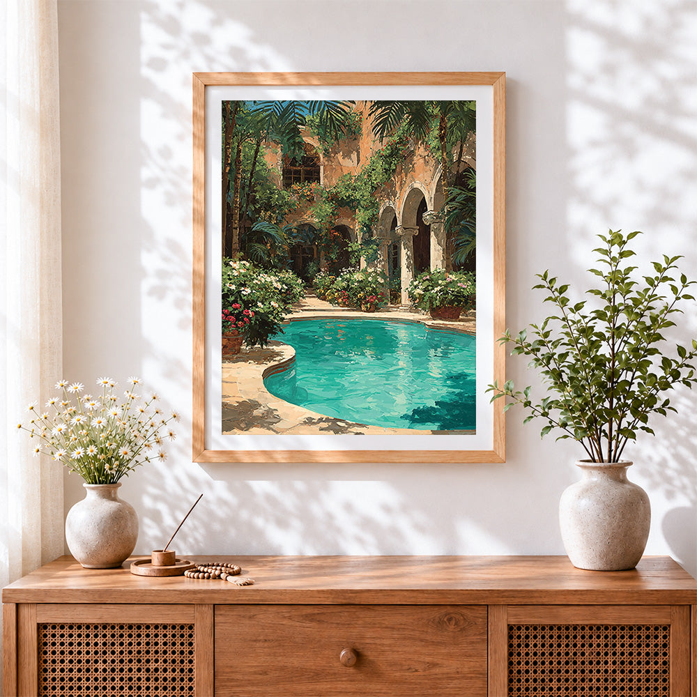 Finished moorish courtyard and pool cross stitch artwork displayed