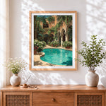 Finished moorish courtyard and pool cross stitch artwork displayed