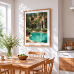 Moorish courtyard and pool cross stitch artwork displayed on wall as home decor