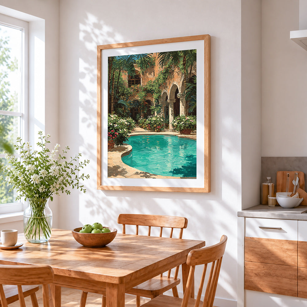 Moorish courtyard and pool cross stitch artwork displayed on wall as home decor