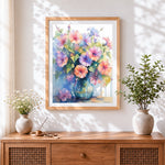 Finished morning glories in a blue vase cross stitch artwork displayed