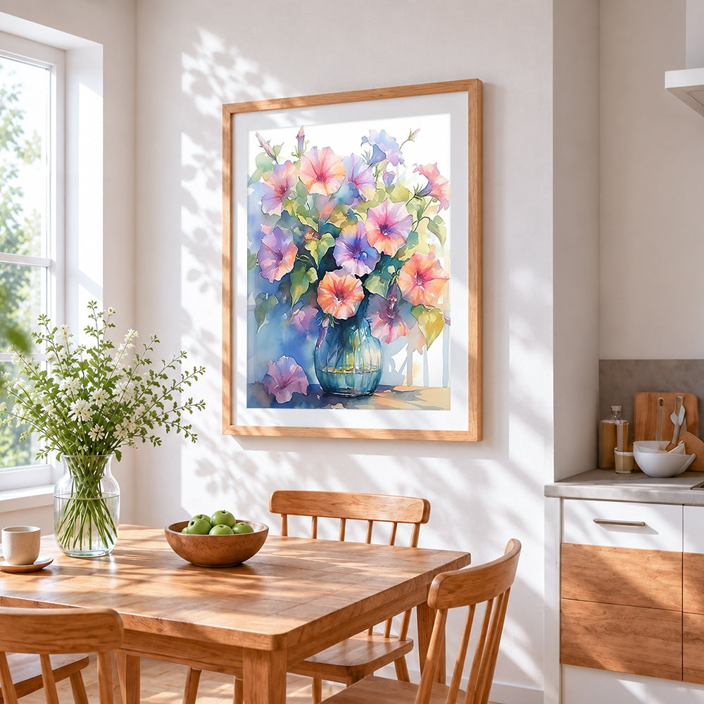 Morning glories in a blue vase cross stitch artwork displayed on wall as home decor