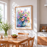 Morning glories in a blue vase cross stitch artwork displayed on wall as home decor