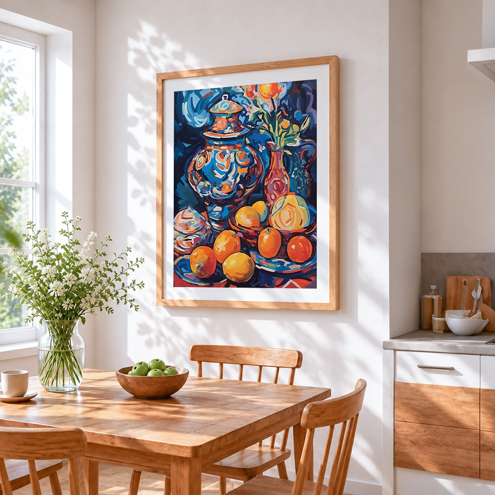 Moroccan pot and oranges cross stitch artwork displayed on wall as home decor