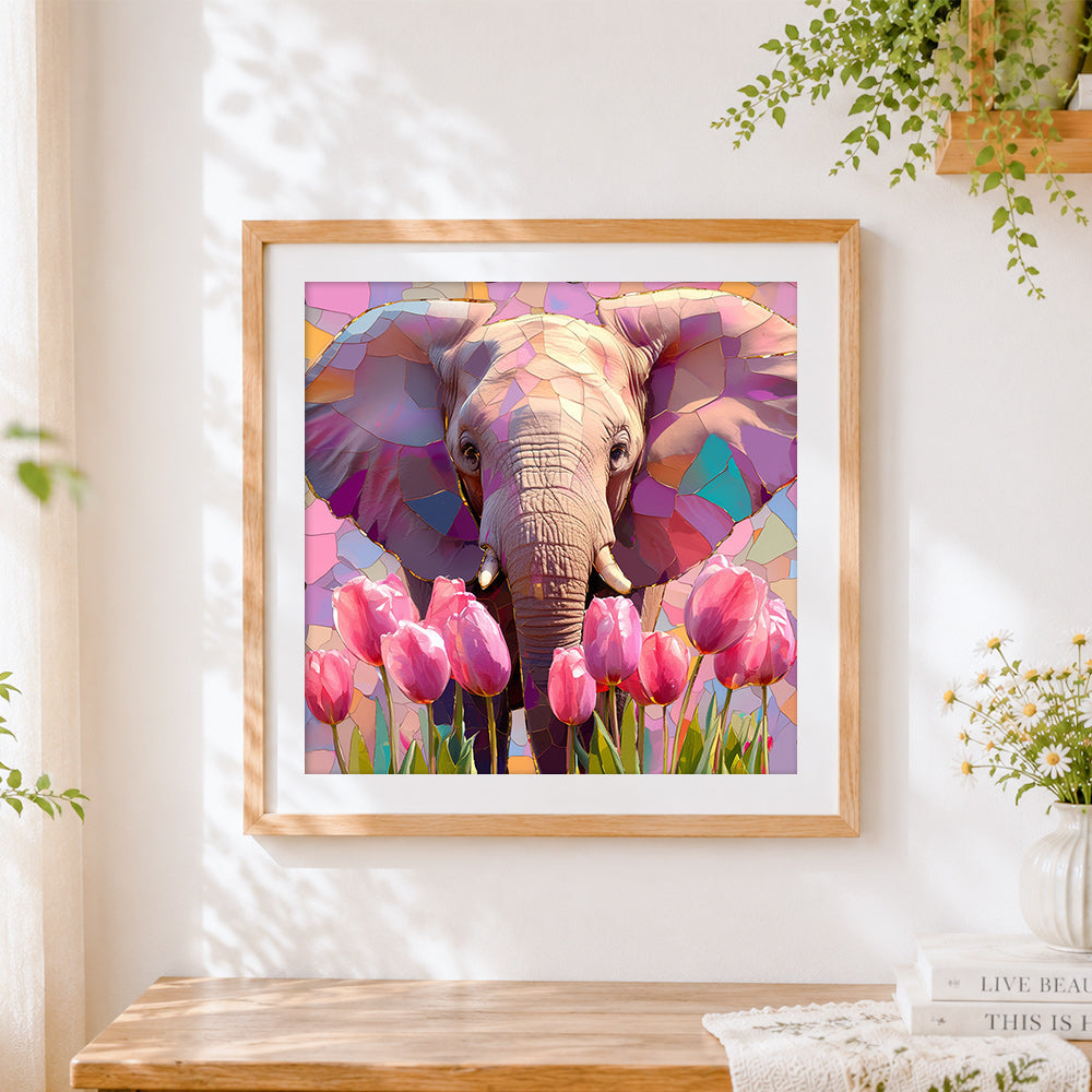 Finished mosaic elephant and pink tulips cross stitch artwork displayed