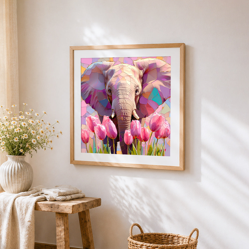 Mosaic elephant and pink tulips cross stitch artwork displayed on wall as home decor