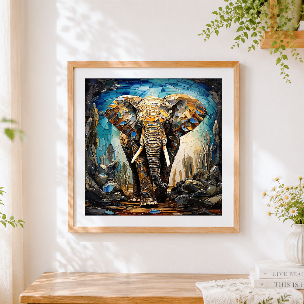 Finished mosaic glass elephant cross stitch artwork displayed