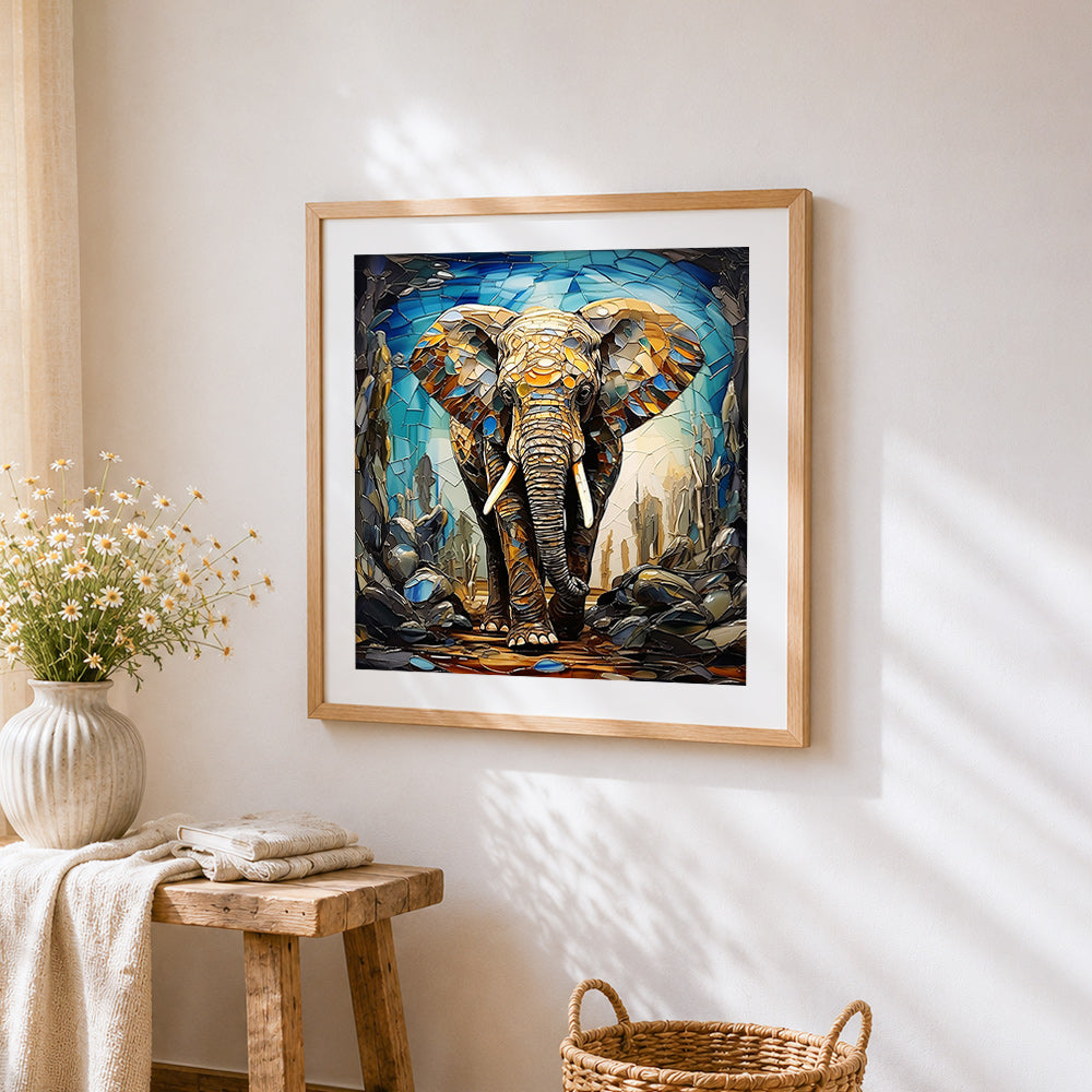Mosaic glass elephant cross stitch artwork displayed on wall as home decor