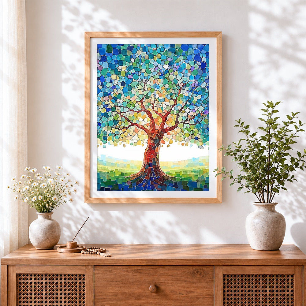 Finished mosaic tree of life paint by numbers artwork displayed as home decor