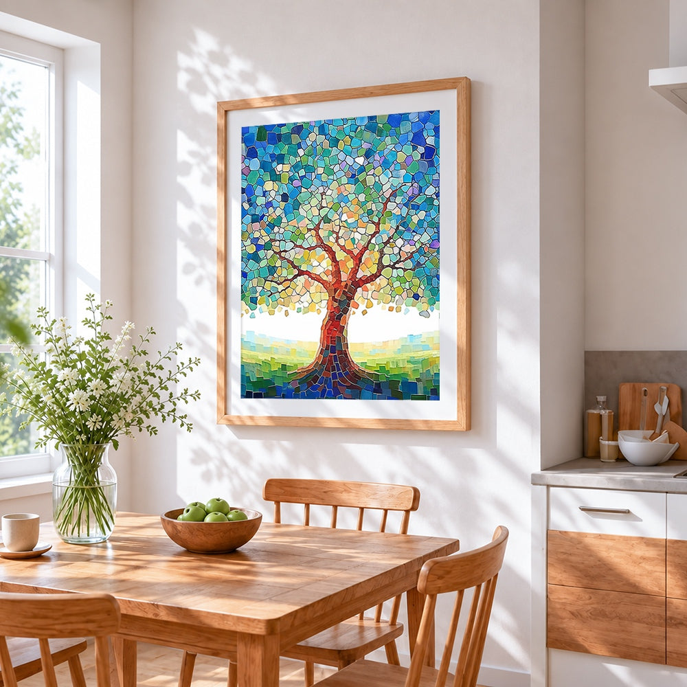 Mosaic tree of life paint by numbers artwork displayed on wall as home decor