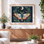 Finished moth with crescent moon and leaves paint by numbers artwork displayed as home decor