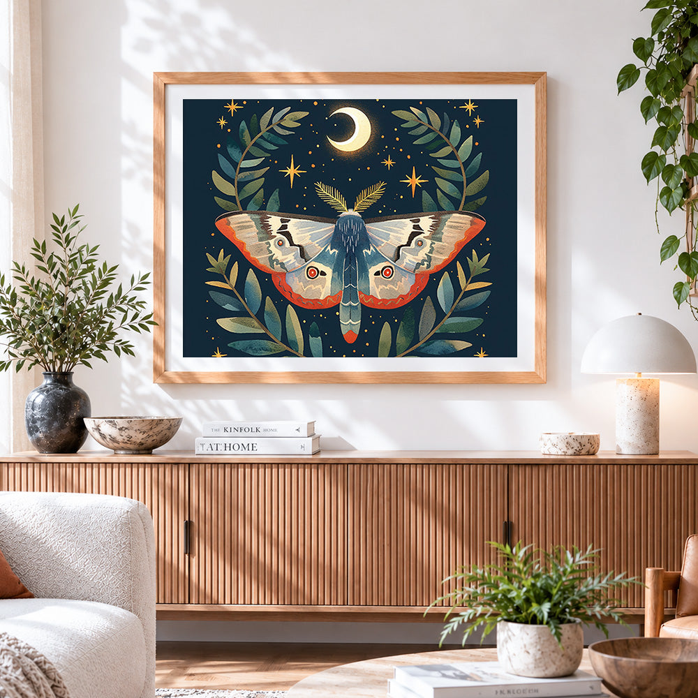 Finished moth with crescent moon and leaves paint by numbers artwork displayed as home decor