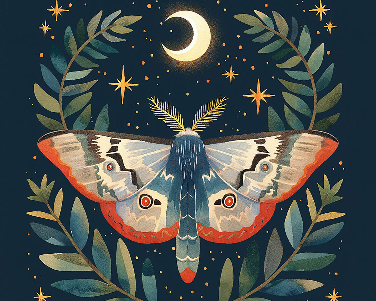 Moth with crescent moon and leaves paint by numbers kit for beginners