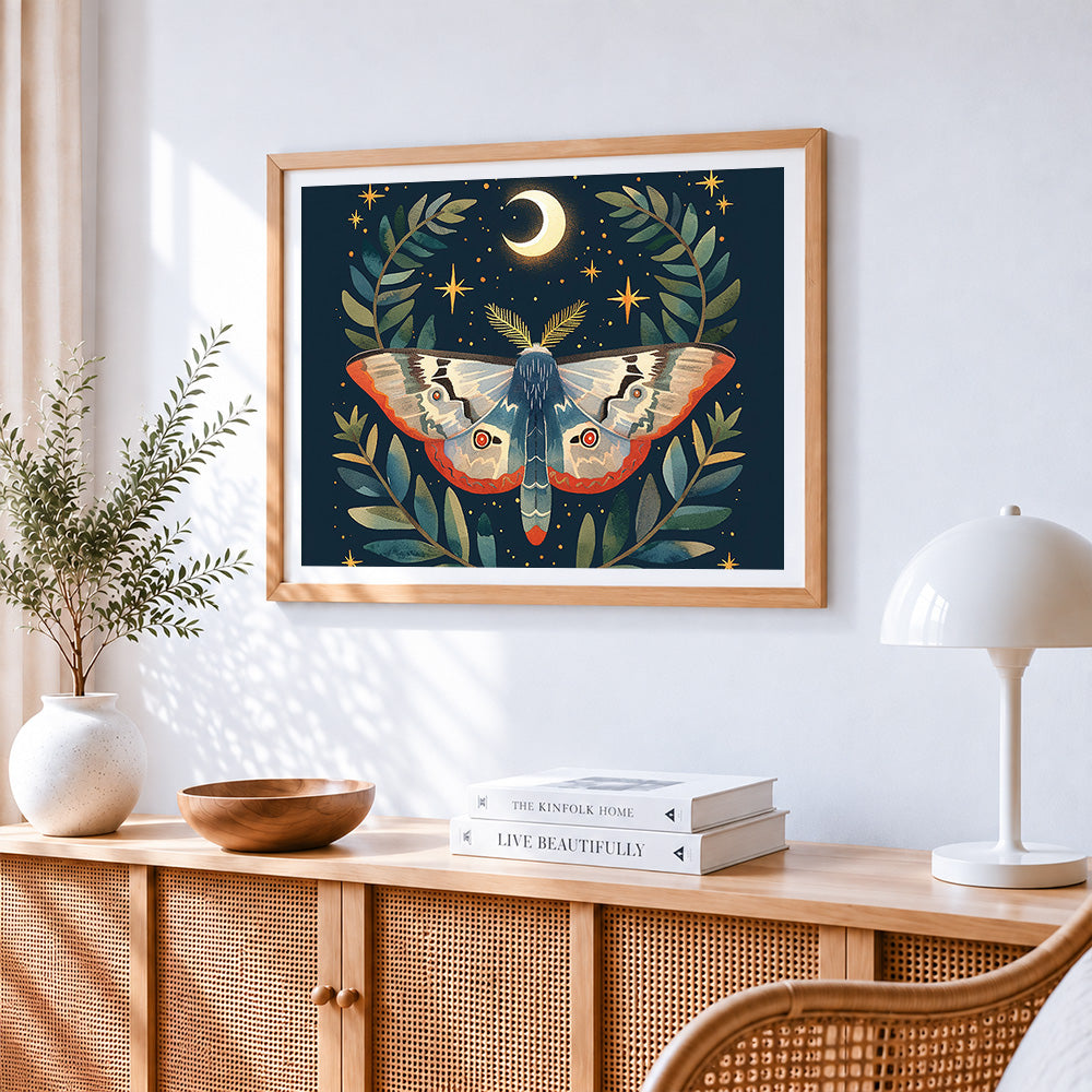 Moth with crescent moon and leaves paint by numbers artwork displayed on wall as home decor