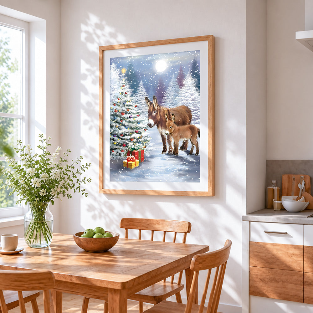 Mother and baby donkey with christmas tree cross stitch artwork displayed on wall as home decor