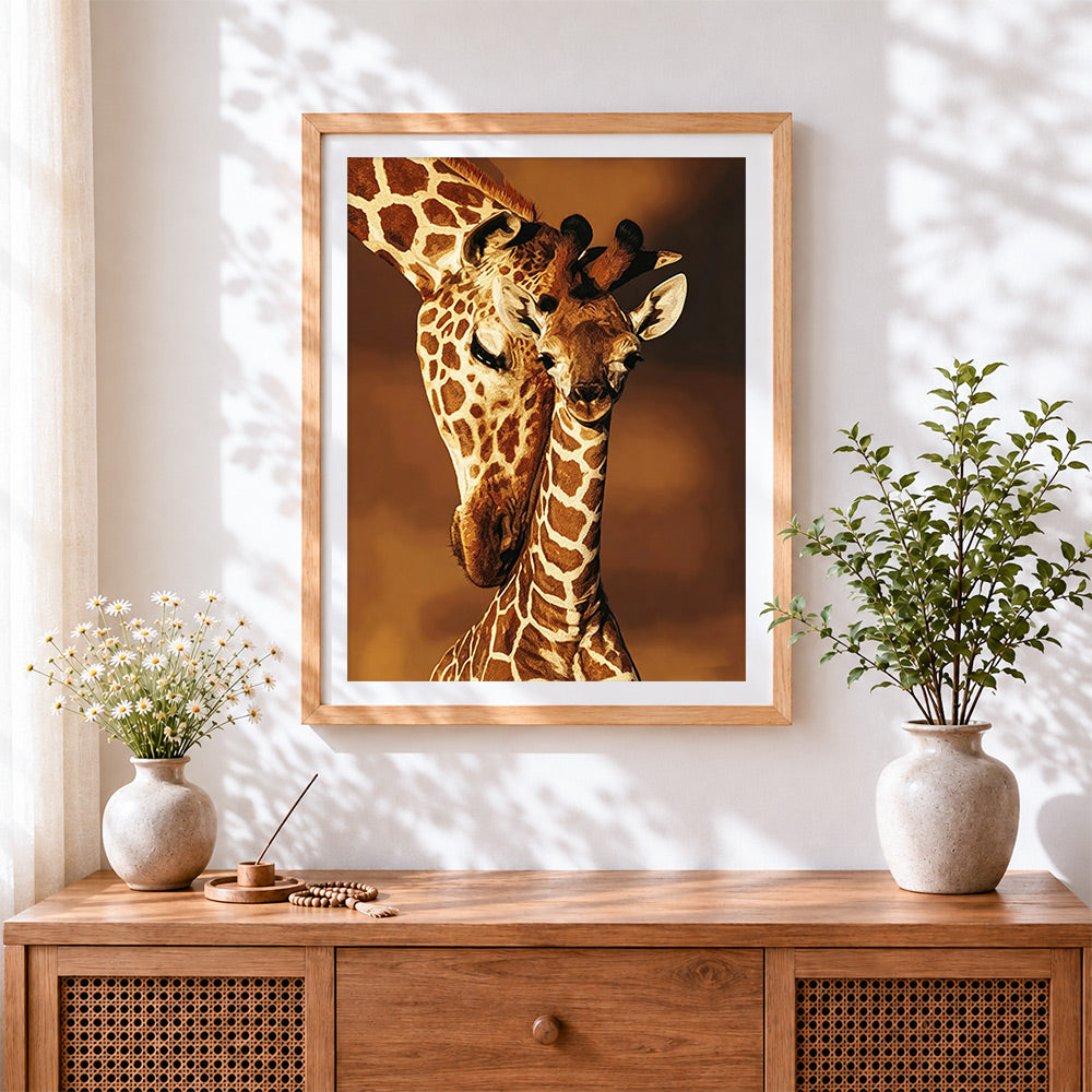Finished mother and baby giraffe cross stitch artwork displayed