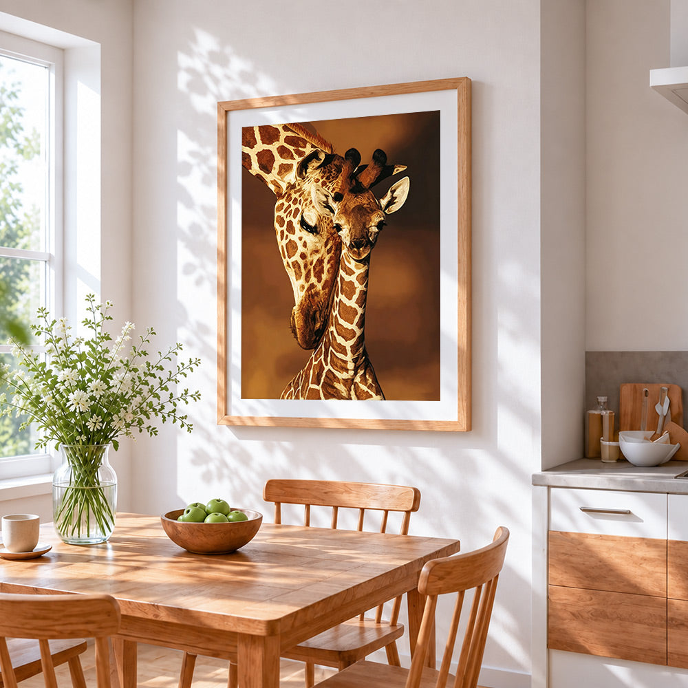 Mother and baby giraffe paint by numbers artwork displayed on wall as home decor