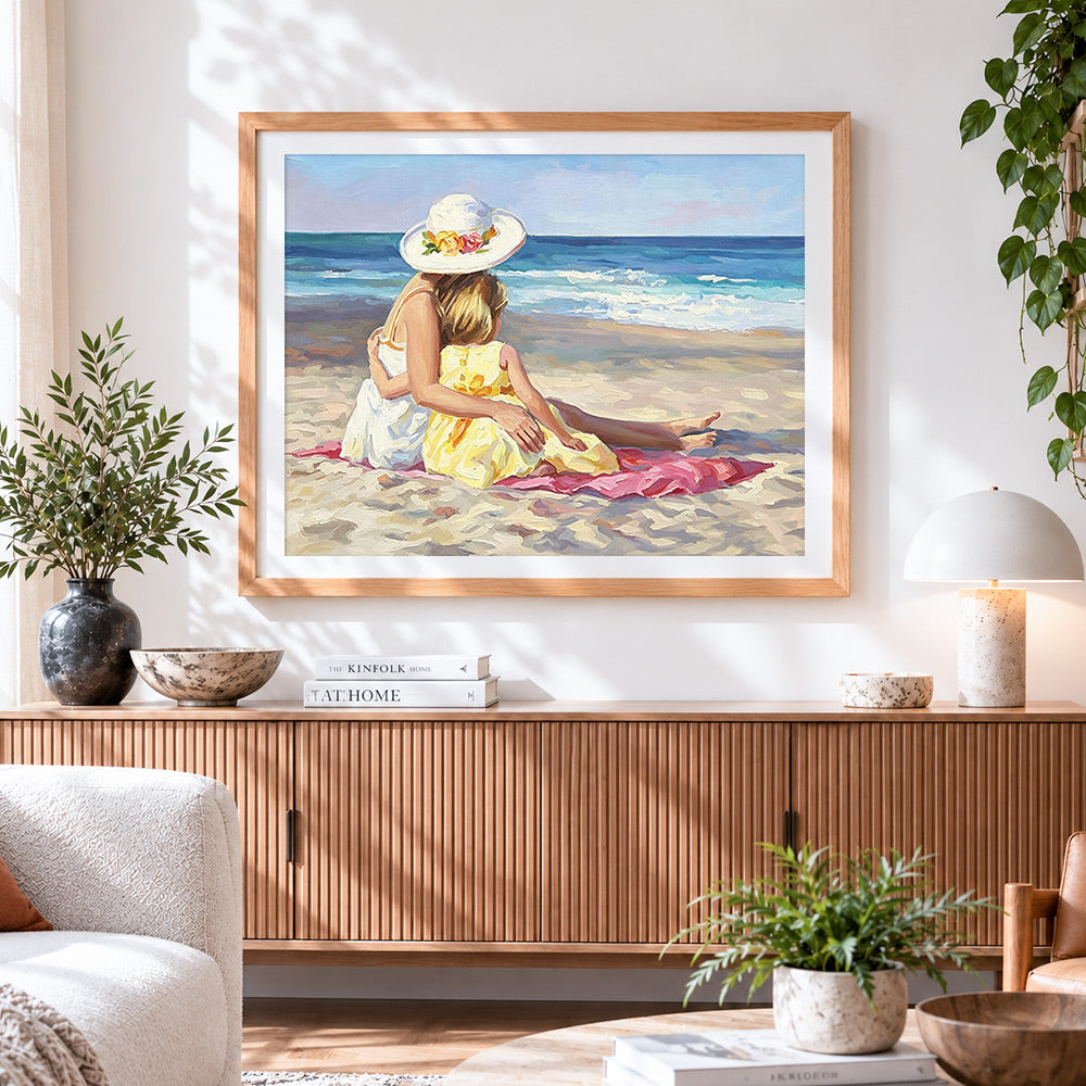 Finished mother and daughter on the beach paint by numbers artwork displayed as home decor