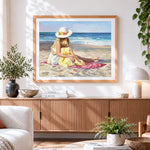 Finished mother and daughter on the beach paint by numbers artwork displayed as home decor