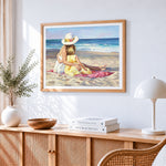 Mother and daughter on the beach paint by numbers artwork displayed on wall as home decor