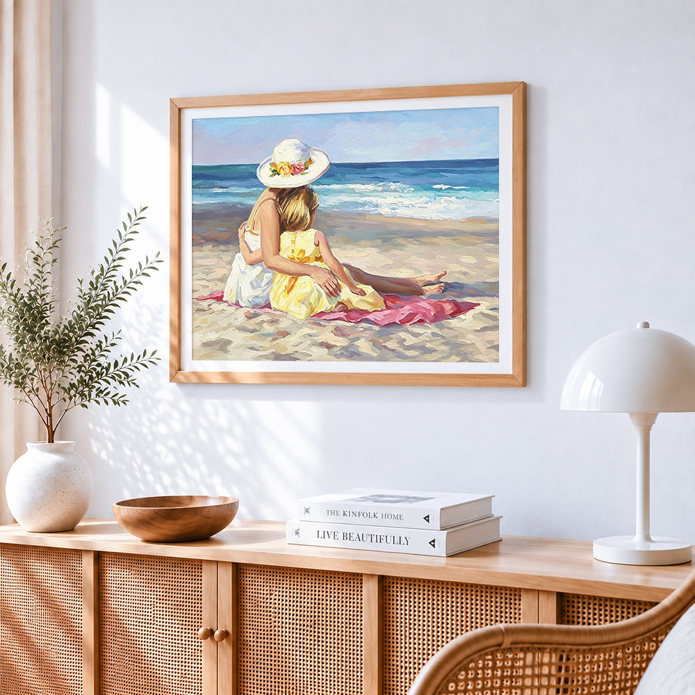 Mother and daughter on the beach paint by numbers artwork displayed on wall as home decor