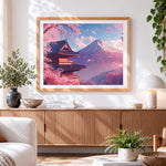 Finished mount fuji and cherry blossom pagoda paint by numbers artwork displayed as home decor