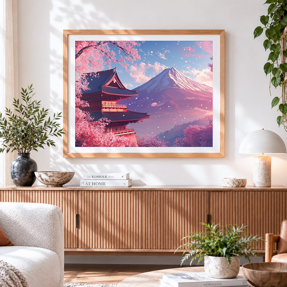 Finished mount fuji and cherry blossom pagoda paint by numbers artwork displayed as home decor
