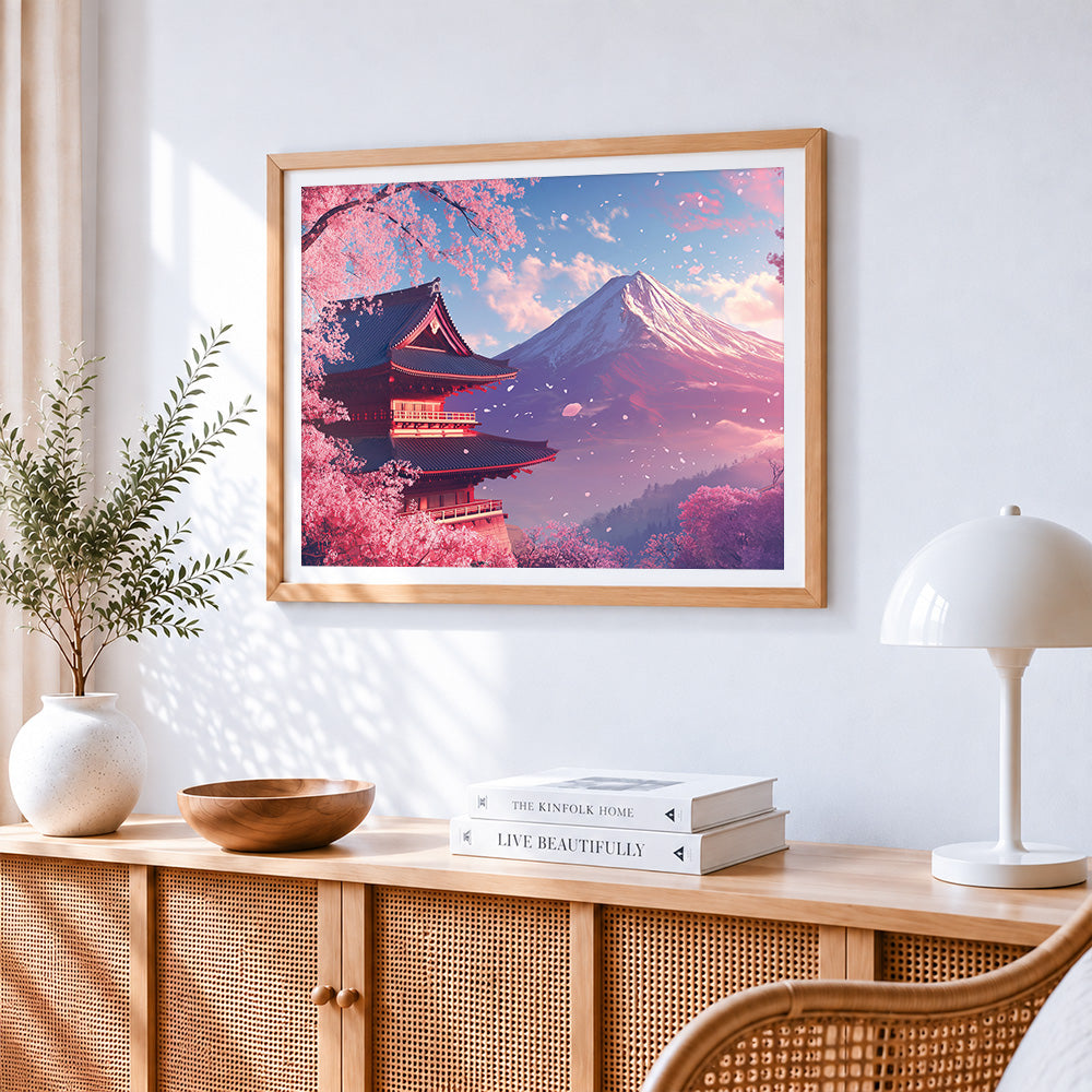 Mount fuji and cherry blossom pagoda paint by numbers artwork displayed on wall as home decor