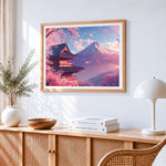 Mount fuji and cherry blossom pagoda paint by numbers artwork displayed on wall as home decor