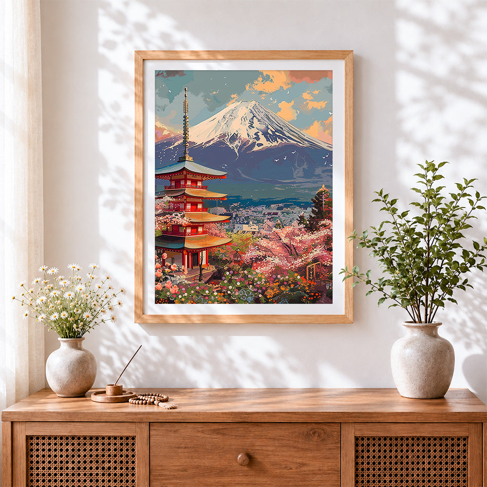 Finished mount fuji and pagoda cross stitch artwork displayed