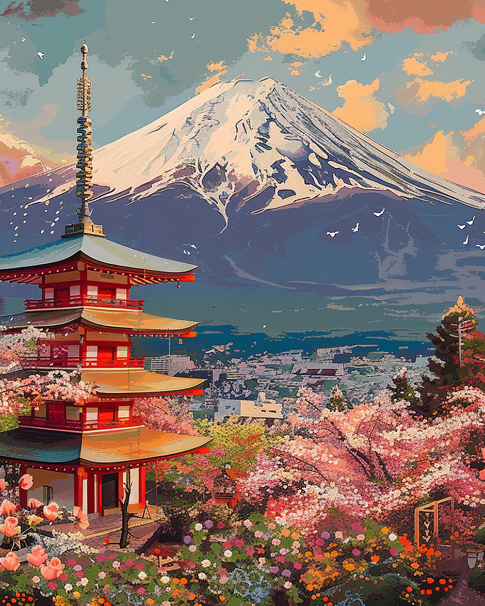 Mount fuji and pagoda cross stitch kit for beginners