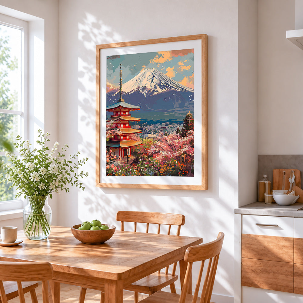 Mount fuji and pagoda cross stitch artwork displayed on wall as home decor