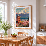Mount fuji and pagoda cross stitch artwork displayed on wall as home decor