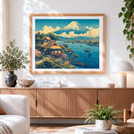 Finished mount fuji and village paint by numbers artwork displayed as home decor