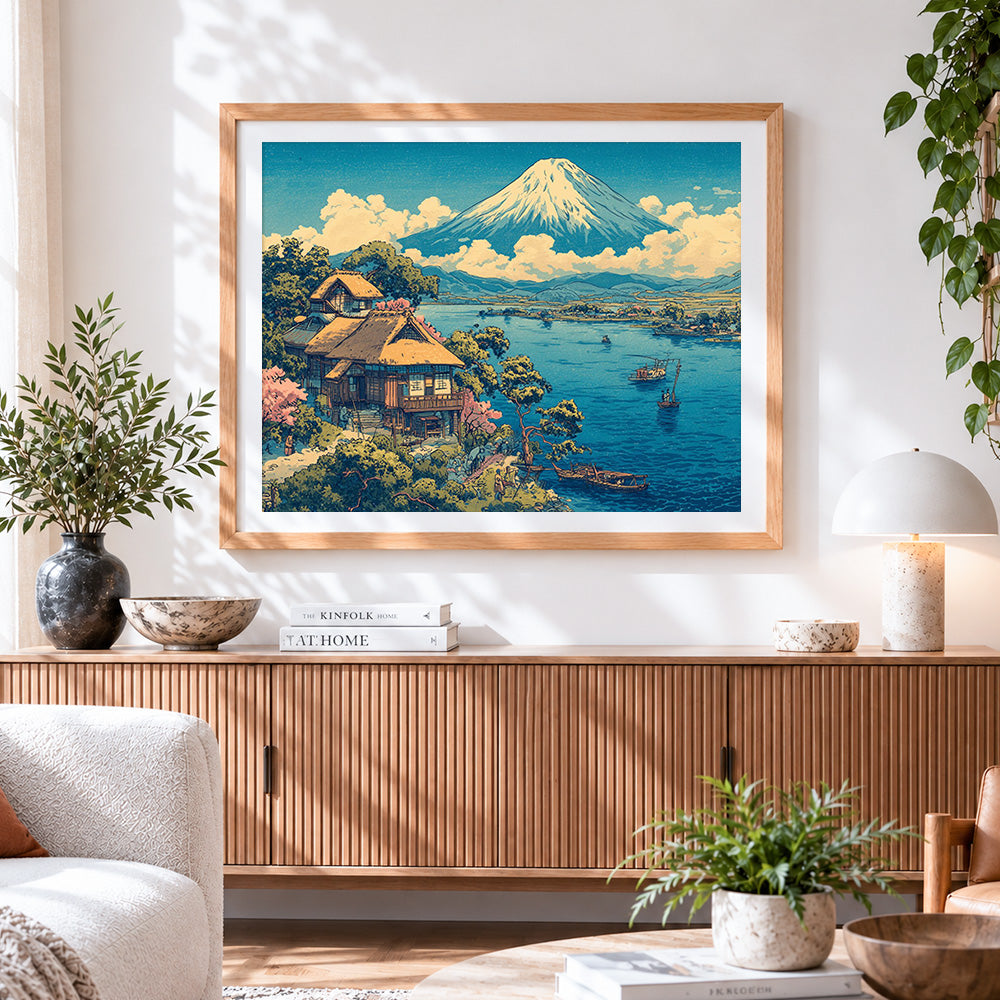 Finished mount fuji and village paint by numbers artwork displayed as home decor