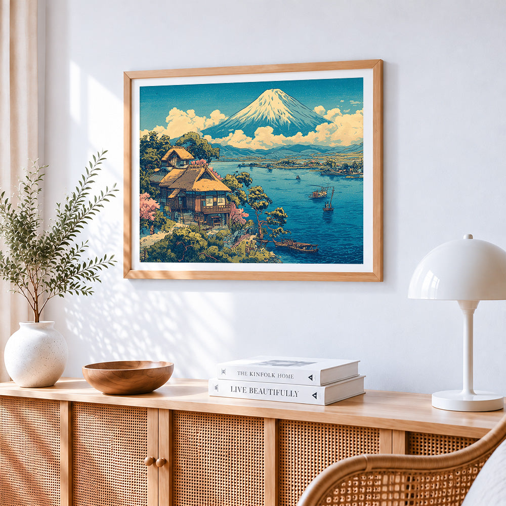 Mount fuji and village paint by numbers artwork displayed on wall as home decor