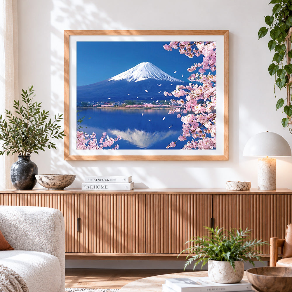 Finished mount fuji with cherry blossoms cross stitch artwork displayed