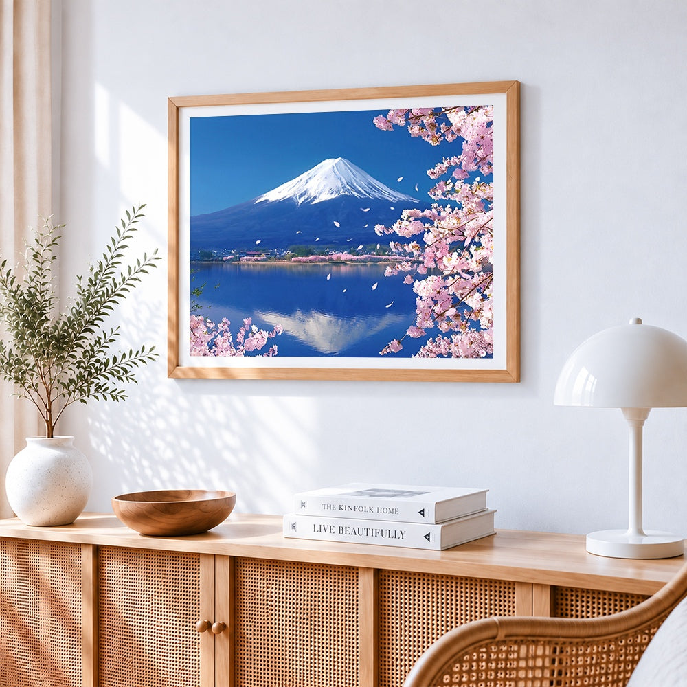 Mount fuji with cherry blossoms cross stitch artwork displayed on wall as home decor