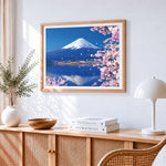 Mount fuji with cherry blossoms cross stitch artwork displayed on wall as home decor