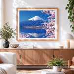 Finished mount fuji with cherry blossoms paint by numbers artwork displayed as home decor