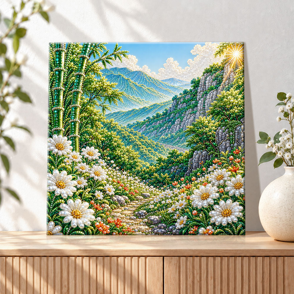 Finished mountain bamboo floral landscape pearl diamond painting artwork displayed as holiday home decor