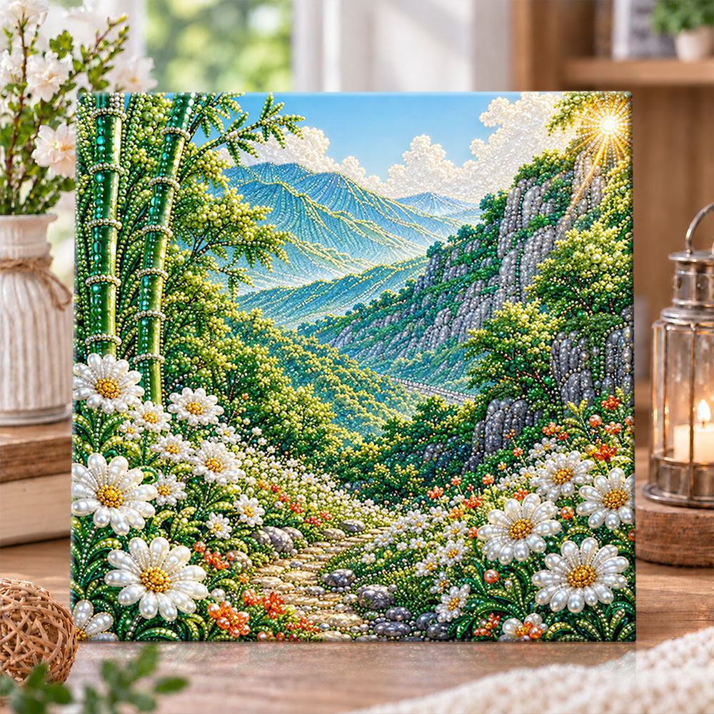 Mountain bamboo floral landscape pearl diamond painting kit for beginners