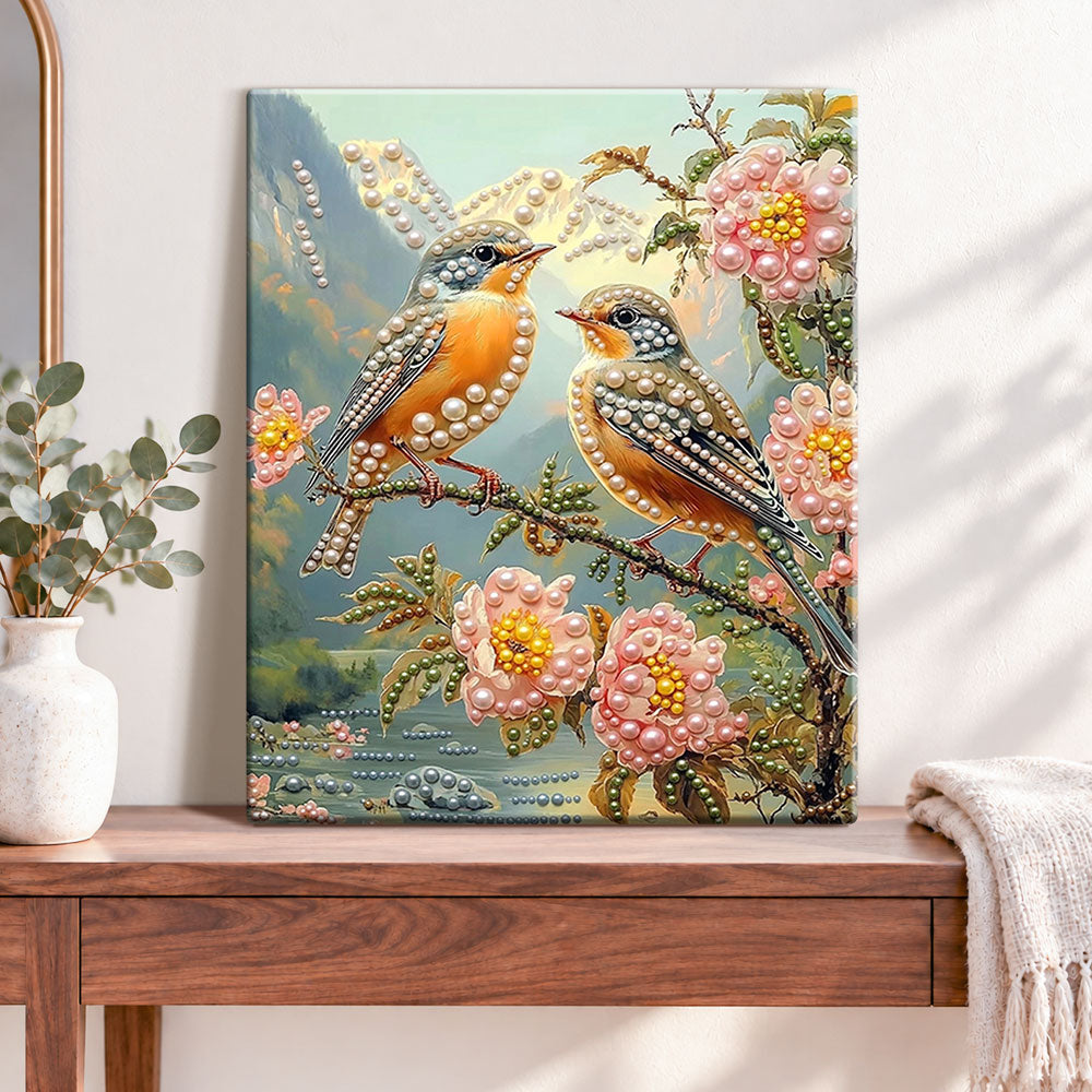 Finished mountain bird pair pearl diamond painting artwork displayed as home decor