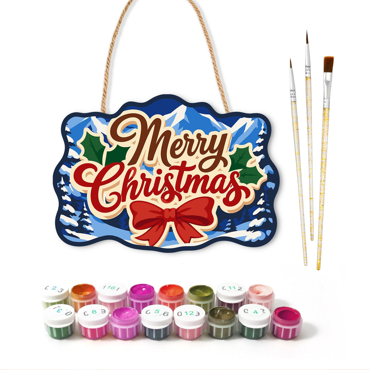 Mountain christmas scene paint by numbers door hanger with paints and brushes